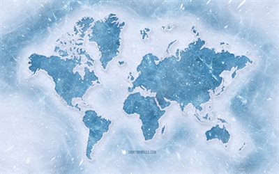 carte du monde d'hiver, 4k, dessiner sur la neige, carte du monde, continents, notions de carte du monde, carte du monde de glace, art d'hiver