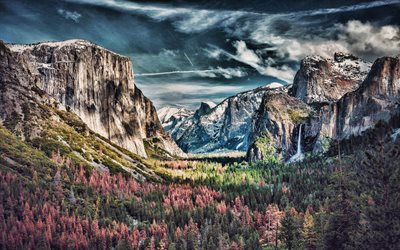 valle yosemite, otoño, tardecita, puesta de sol, parque nacional de yosemite, árboles de otoño, paisaje de otoño, cascada, rocas, paisaje de montaña, california, eeuu