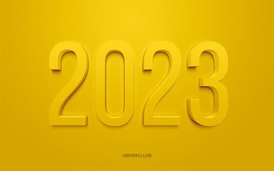 2023 sfondo giallo 3d, 4k, felice anno nuovo 2023, sfondo giallo, concetti del 2023, 2023 felice anno nuovo, sfondo 2023