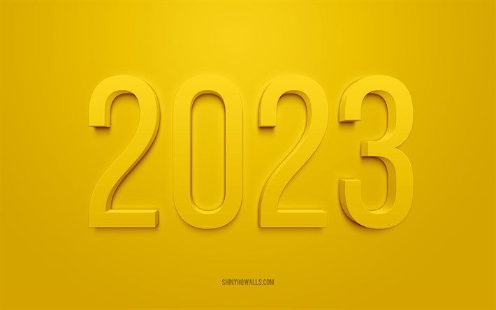 2023 fond 3d jaune, 4k, bonne année 2023, fond jaune, concepts 2023, contexte 2023