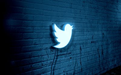 Twitter neon logo, 4k, blue brickwall, grunge art, creative, logo on wire, Twitter green logo, social natworks, Twitter logo, artwork, Twitter