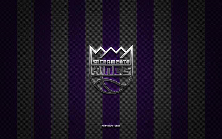 sacramento kings-logo, amerikanisches basketballteam, nba, violett-weißer kohlenstoffhintergrund, sacramento kings-emblem, basketball, sacramento kings-silbermetalllogo, sacramento kings