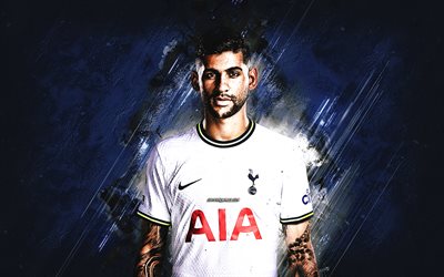 Cristian Romero, Tottenham Hotspur, Argentine football player, Premier League, blue stone background, portrait, football