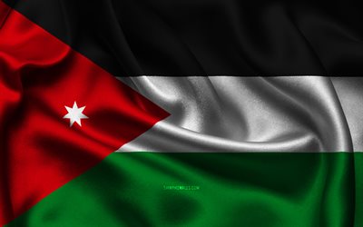 drapeau de la jordanie, 4k, les pays d asie, les drapeaux de satin, le drapeau de la jordanie, le jour de la jordanie, les drapeaux de satin ondulés, les symboles nationaux de la jordanie, l asie, la jordanie