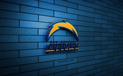 Los Angeles Chargers 3D logo, 4K, blue brickwall, NFL, american football, Los Angeles Chargers logo, american football team, sports logo, Los Angeles Chargers, LA Chargers