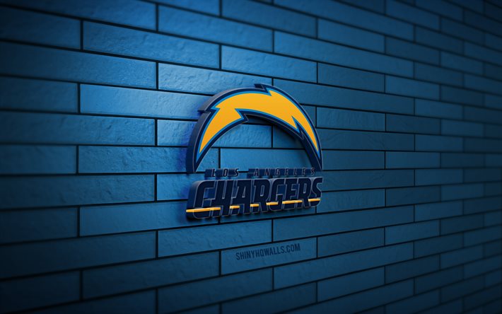 los angeles chargers 3d-logo, 4k, blaue ziegelwand, nfl, american football, los angeles chargers-logo, american-football-team, sportlogo, los angeles chargers, la chargers