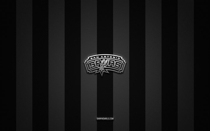 San Antonio Spurs logo, american basketball team, NBA, black white carbon background, San Antonio Spurs emblem, basketball, San Antonio Spurs silver metal logo, San Antonio Spurs