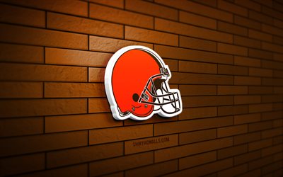 Cleveland Browns 3D logo, 4K, brown brickwall, NFL, american football, Cleveland Browns logo, american football team, sports logo, Cleveland Browns