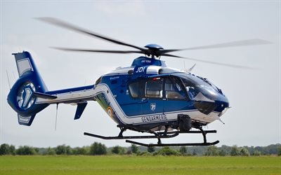 eurocopter ec135, 4k, polis helikopterleri, sivil havacılık, mavi helikopter, fransız polisi, havacılık, uçan helikopterler, eurocopter, helikopterli resimler, ec135