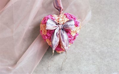 バラの心, ピンクのバラ, 紫色のバラ, ハート型の花束, フラワーハート, ロマンチックな花束, バラ, バラで作ったハート, 愛の概念, ロマンチックなカードの背景