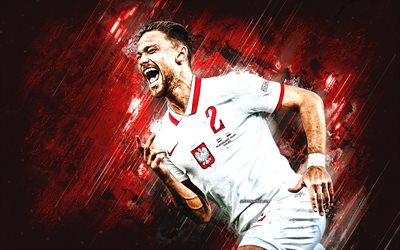 matty cash, polônia seleção nacional de futebol, jogador de futebol polonês, pedra vermelha de fundo, futebol, polônia