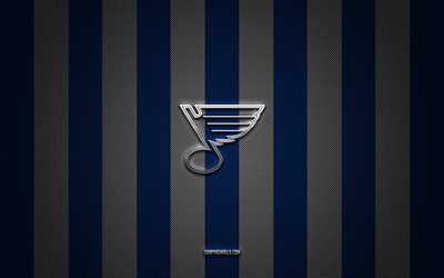 St Louis Blues logo, american hockey team, NHL, blue carbon background, St Louis Blues emblem, hockey, St Louis Blues silver metal logo, St Louis Blues