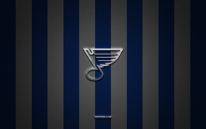 St Louis Blues logo, american hockey team, NHL, blue carbon background, St Louis Blues emblem, hockey, St Louis Blues silver metal logo, St Louis Blues