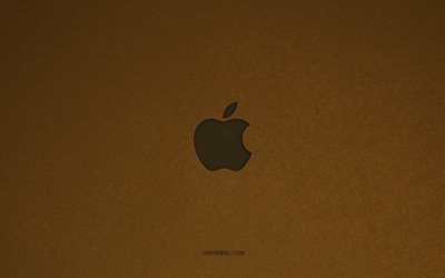 アップルのロゴ, 4k, メーカーのロゴ, アップルのエンブレム, 茶色の石のテクスチャ, アップル, ブランドメーカー, アップルサイン, 茶色の石の背景