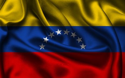 Venezuela flag, 4K, South American countries, satin flags, flag of Venezuela, Day of Venezuela, wavy satin flags, Venezuelan flag, Venezuelan national symbols, South America, Venezuela