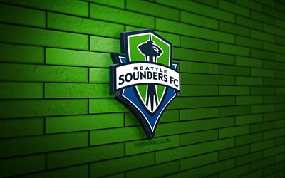 logotipo 3d de seattle sounders, 4k, pared de ladrillo verde, mls, fútbol, club de fútbol americano, logotipo de seattle sounders, seattle sounders, logotipo deportivo, seattle sounders fc