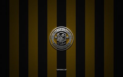 logo pittsburgh riverhounds sc, club de football américain, usl, fond de carbone noir jaune, emblème pittsburgh riverhounds sc, football, pittsburgh riverhounds sc, états-unis, united soccer league, pittsburgh riverhounds sc logo en métal argenté