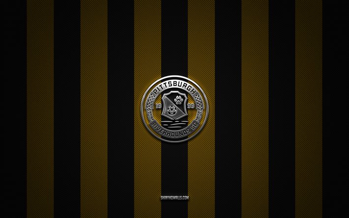 pittsburgh riverhounds sc-logo, amerikanischer fußballverein, usl, gelber schwarzer karbonhintergrund, pittsburgh riverhounds sc-emblem, fußball, pittsburgh riverhounds sc, usa, united soccer league, pittsburgh riverhounds sc-silbermetalllogo