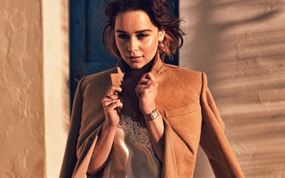 Emilia Clarke, 4k, British actress, brown coat, photoshoot, popular actresses, Emilia Isobel Euphemia Rose Clarke
