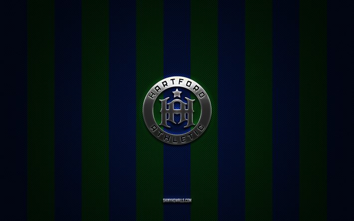 شعار هارتفورد أثليتيك, نادي كرة القدم الأمريكي, usl, خلفية الكربون الأخضر الأزرق, كرة القدم, هارتفورد أثليتيك, الولايات المتحدة الأمريكية, دوري كرة القدم المتحدة, شعار هارتفورد أثليتيك المعدني الفضي