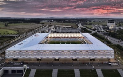 estádio de luxemburgo, vista aérea, noite, pôr do sol, cidade do luxemburgo, luxemburgo seleção nacional de futebol, estádio de futebol, luxemburgo