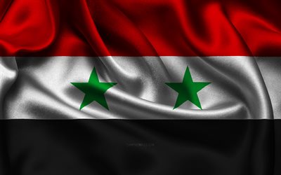 siria bandera, 4k, países asiáticos, banderas satinadas, bandera de siria, día de siria, onduladas banderas satinadas, bandera siria, símbolos nacionales sirios, asia, siria