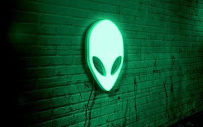 alienware 네온 로고, 4k, 청록색 벽돌 벽, 그런지 아트, 창의적인, 와이어에 로고, alienware 청록색 로고, alienware 로고, 삽화, 에일리언웨어