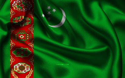 drapeau du turkménistan, 4k, les pays d asie, les drapeaux de satin, le drapeau du turkménistan, le jour du turkménistan, les drapeaux de satin ondulés, le drapeau turkmène, les symboles nationaux turkmènes, l asie, le turkménistan