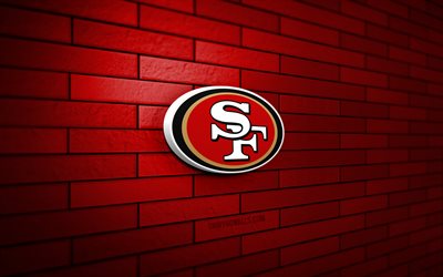 san francisco 49ers logotipo 3d, 4k, parede de tijolos vermelhos, nfl, futebol americano, san francisco 49ers logotipo, time de futebol americano, logotipo esportivo, san francisco 49ers