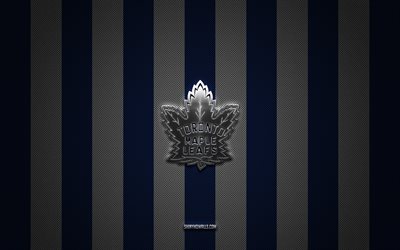 Toronto Maple Leafs logo, canadian hockey team, NHL, blue white carbon background, Toronto Maple Leafs emblem, hockey, Toronto Maple Leafs silver metal logo, Toronto Maple Leafs