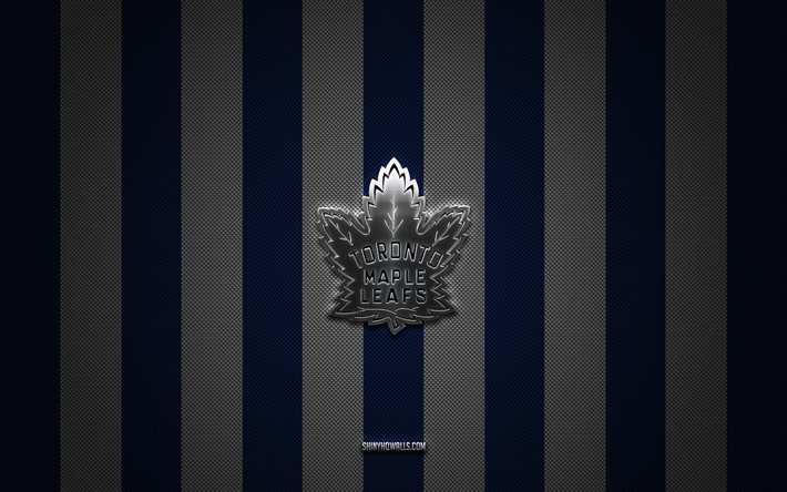 toronto maple leafs-logo, kanadisches hockeyteam, nhl, blau-weißer karbonhintergrund, toronto maple leafs-emblem, hockey, toronto maple leafs-silbermetalllogo, toronto maple leafs