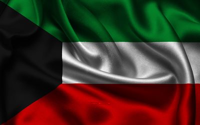 쿠웨이트 국기, 4k, 아시아 국가, 새틴 플래그, 쿠웨이트의 국기, 쿠웨이트의 날, 물결 모양의 새틴 플래그, 쿠웨이트 국가 상징, 아시아, 쿠웨이트