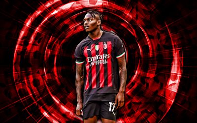Rafael Leao, 4k, AC Milan, red abstract background, soccer, Serie A, portuguese footballers, Rafael Leao 4K, Milan FC, abstract rays, football, Rafael Leao Milan, Rossoneri
