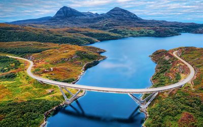 kylesku bridge, 4k, montanhas, rio, loch a chairn bhain, bela natureza, a escócia, reino unido, estruturas de engenharia, pontes