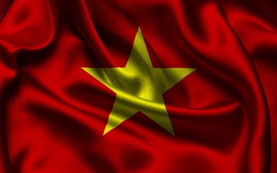 Vietnam flag, 4K, Asian countries, satin flags, flag of Vietnam, Day of Vietnam, wavy satin flags, Vietnamese flag, Vietnamese national symbols, Asia, Vietnam