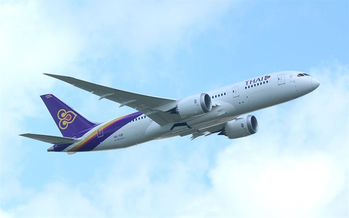 boeing 787 dreamliner, 4k, aviação civil, thai airways, aviões de passageiros, transporte de passageiros, boeing 787-8, aviação, boeing