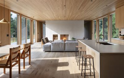 stylish interior design, living room, country house, light wooden boards on the ceiling, light wood in the interior, idea for the living room, loft style, modern interior, fireplace in the wall