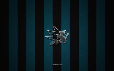 logotipo de san jose sharks, equipo de hockey americano, nhl, fondo de carbono negro azul, emblema de san jose sharks, hockey, logotipo de metal plateado de san jose sharks, san jose sharks