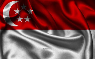 bandiera di singapore, 4k, paesi asiatici, bandiere di raso, giorno di singapore, bandiere di raso ondulate, simboli nazionali di singapore, asia, singapore