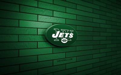 logo 3d des jets de new york, 4k, mur de briques vert, nfl, football américain, logo des jets de new york, équipe de football américain, logo de sport, jets de new york, jets de ny