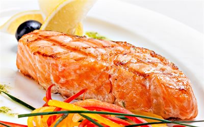 salmão frito, 4k, pratos de peixe, bife de salmão, peixe vermelho, peixe frito, salmão, pratos de salmão