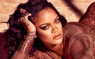 Rihanna, 4k, portrait, Barbados singer, photo shoot, bronze dress, popular singers, Robyn Rihanna Fenty, world stars