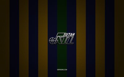 logotipo de utah jazz, equipo de baloncesto americano, nba, fondo de carbono amarillo azul, emblema de utah jazz, baloncesto, logotipo de metal plateado de utah jazz, utah jazz