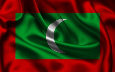 몰디브 국기, 4k, 아시아 국가, 새틴 플래그, 몰디브의 국기, 몰디브의 날, 물결 모양의 새틴 플래그, 몰디브 국가 상징, 아시아, 몰디브