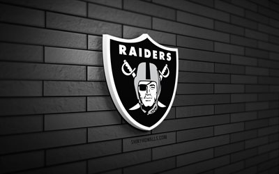 Oakland Raiders 3D logo, 4K, gray brickwall, NFL, american football, Oakland Raiders logo, american football team, sports logo, Oakland Raiders