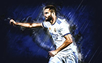 nacho fernandez, o real madrid, jogador de futebol espanhol, nacho, pedra azul de fundo, futebol, a liga, espanha, nacho real