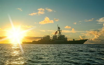 USS Benfold, DDG-65, American destroyer, evening, sunset, US Navy, Arleigh Burke-class, American warships, United States Navy, USA
