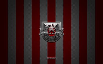 logotipo de new york red bulls 2, club de fútbol estadounidense, usl, fondo de carbono rojo, emblema de new york red bulls 2, fútbol, new york red bulls 2, ee uu, united soccer league, logotipo de metal plateado de new york red bulls 2