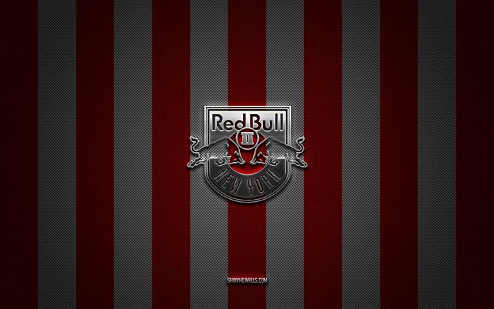 new york red bulls 2 logotipo, clube de futebol americano, usl, fundo de carbono vermelho, new york red bulls 2 emblema, futebol, new york red bulls 2, eua, united soccer league, new york red bulls 2 logotipo de metal prateado