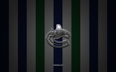 logo des canucks de vancouver, équipe canadienne de hockey, nhl, fond carbone vert bleu, emblème des canucks de vancouver, hockey, logo en métal argenté des canucks de vancouver, canucks de vancouver